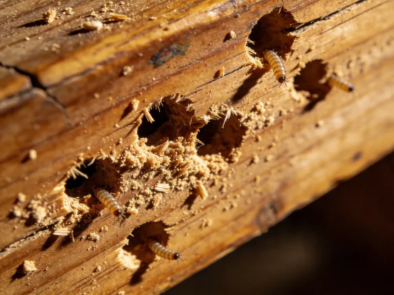 Kammerjäger für Holzwürmer – professionelle Schädlingsbekämpfung Holzwurm Bekämpfung durch Kammerjäger – Fraßgänge und Fluglöcher in Holzbalken